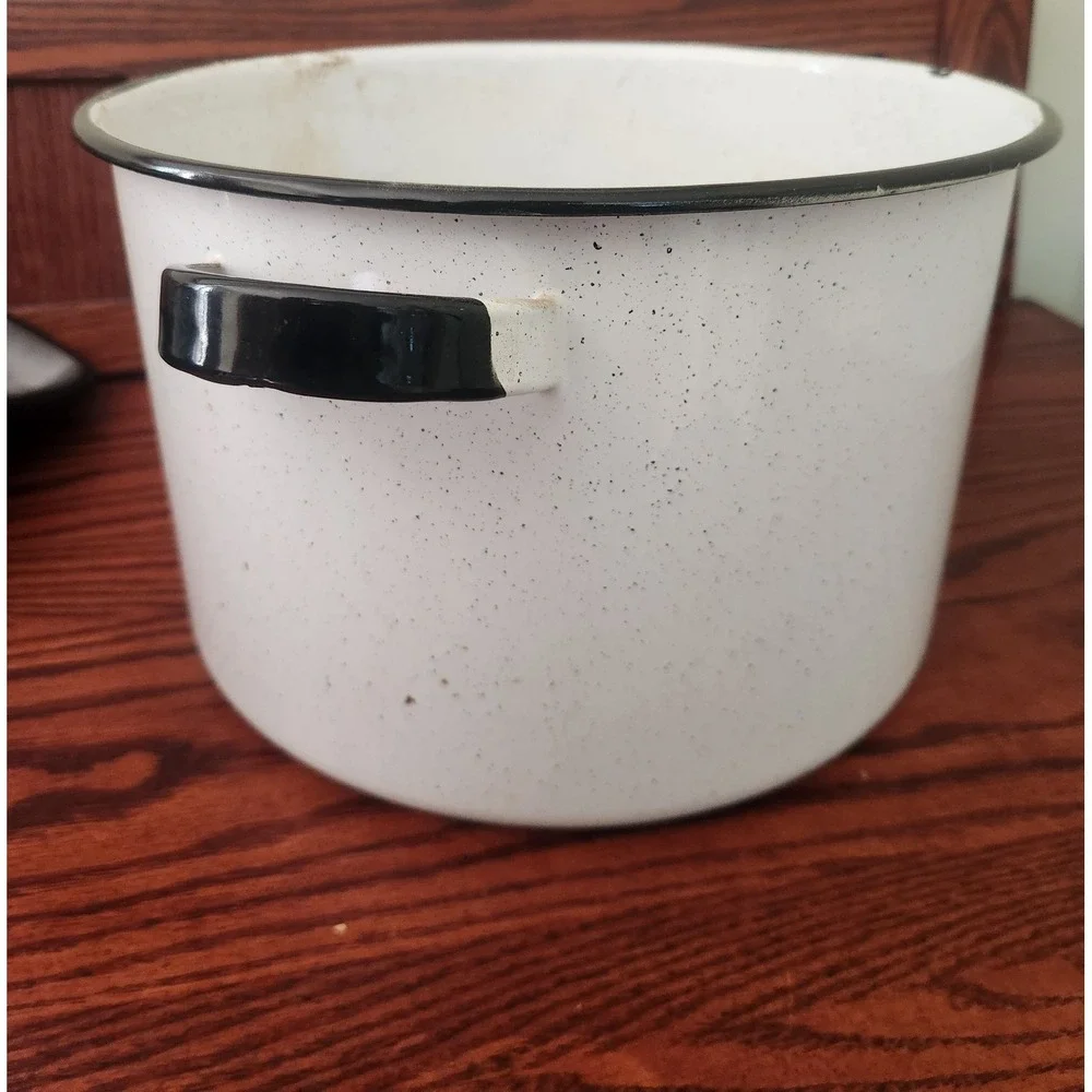 Vintage White And Black Enamelware Pot With Handles 1 Ft Diameter County Cottage